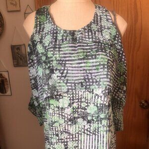 ASKARI size SMALL tiered GREEN CLOVER/flower sleeveless polyester TOP NORDSTROMS